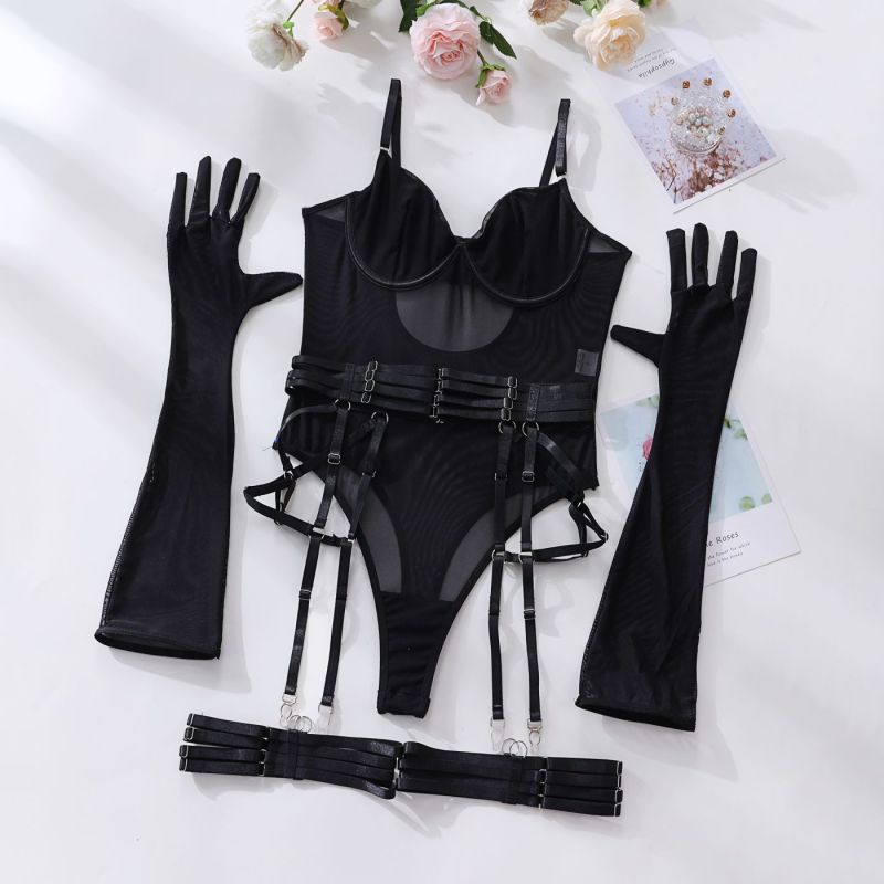 New sexy one-piece bodysuit with gloves and bandage see-through mesh lingerie