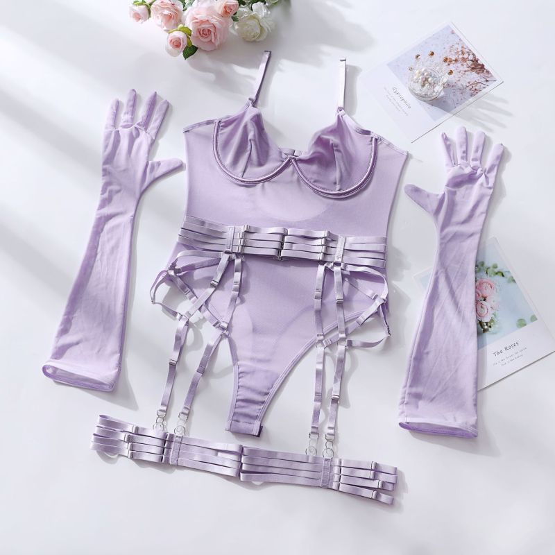 New sexy one-piece bodysuit with gloves and bandage see-through mesh lingerie
