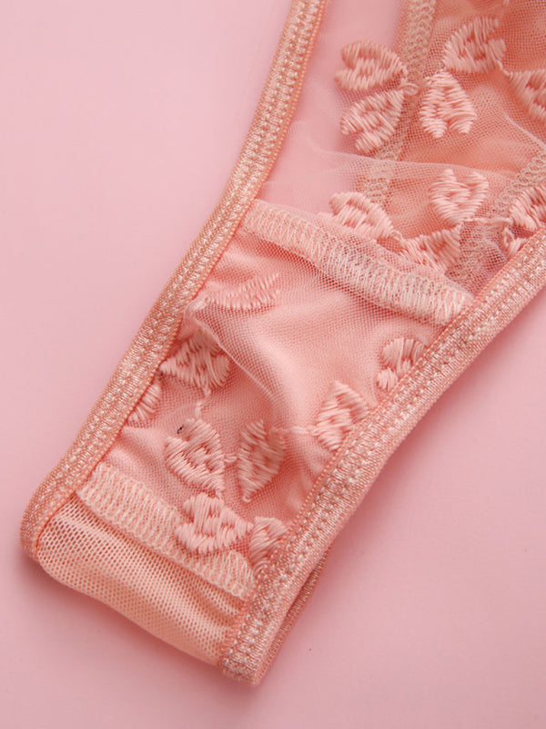 Women's Sexy Lace Embroidery Mesh See-Through Lingerie Three-piece Set