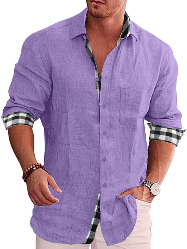 Casual Cotton Linen Shirt Men's Long Sleeve Plaid Stitching Shirt