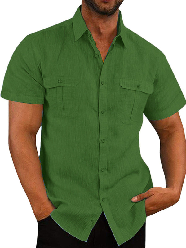 Men's Double Pocket Cotton Linen Short Sleeve Casual Shirt