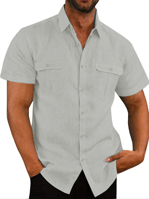 Men's Double Pocket Cotton Linen Short Sleeve Casual Shirt