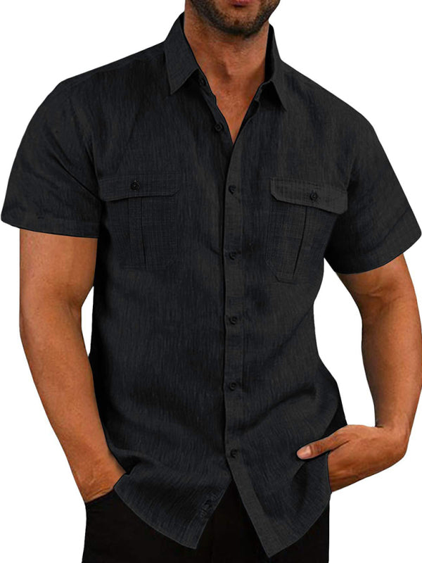 Men's Double Pocket Cotton Linen Short Sleeve Casual Shirt