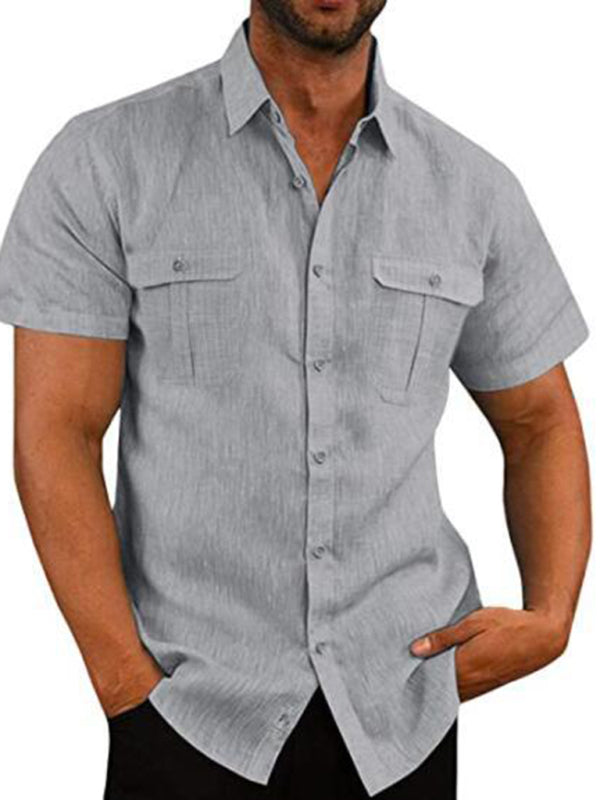 Men's Double Pocket Cotton Linen Short Sleeve Casual Shirt