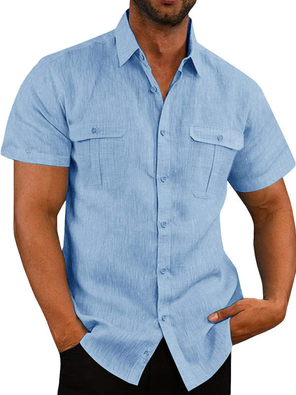 Men's Double Pocket Cotton Linen Short Sleeve Casual Shirt