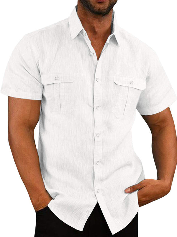Men's Double Pocket Cotton Linen Short Sleeve Casual Shirt