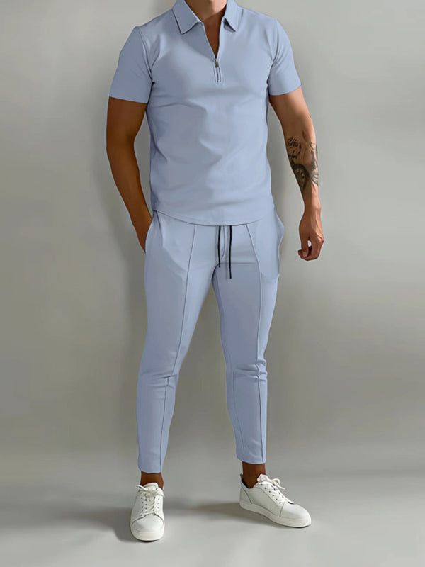 Men's solid color lapel short-sleeved POLO shirt + pants two-piece suit