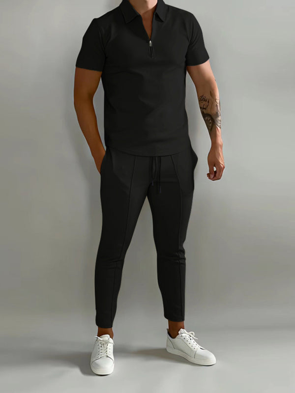 Men's solid color lapel short-sleeved POLO shirt + pants two-piece suit