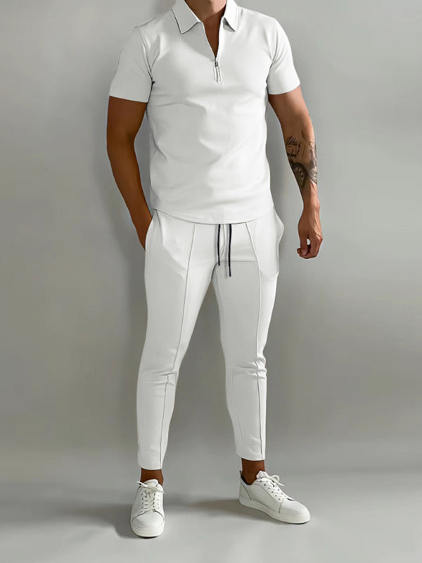 Men's solid color lapel short-sleeved POLO shirt + pants two-piece suit
