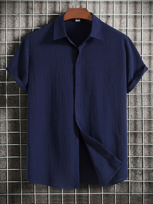 Men's Short Sleeve Loose Solid Color Button Cotton Linen Shirt