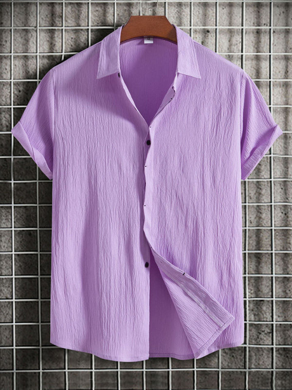 Men's Short Sleeve Loose Solid Color Button Cotton Linen Shirt