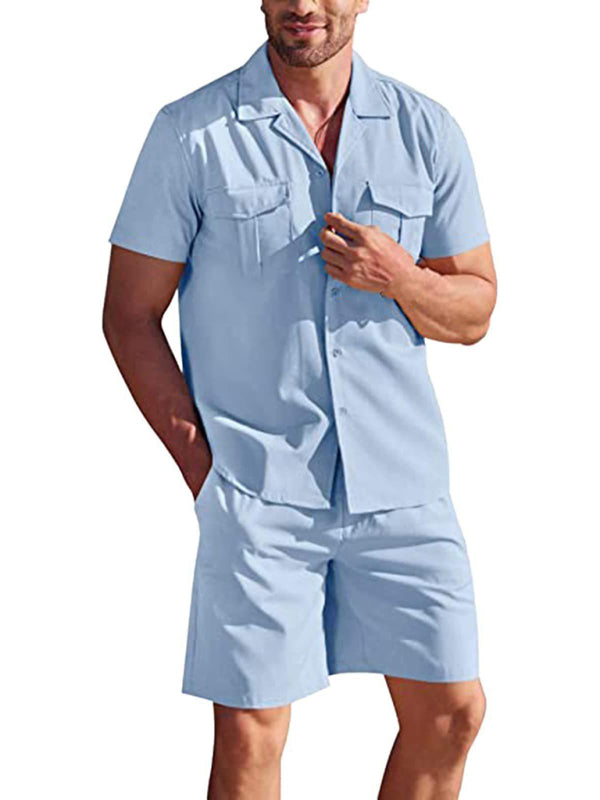 Men's Casual Cotton Linen Cardigan Shirt + Shorts Set