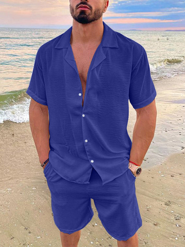 Men's Summer Cotton Linen Solid Color Short Sleeve Shorts Set
