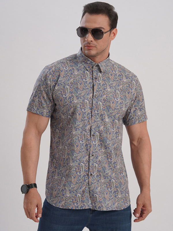 Large size men's stretch leaf flower short-sleeved shirt