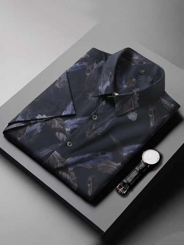 Large size men's stretch leaf flower short-sleeved shirt