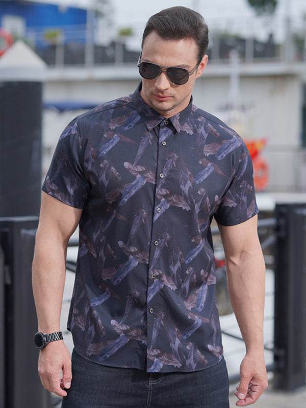 Large size men's stretch leaf flower short-sleeved shirt