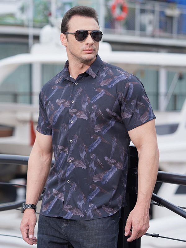Large size men's stretch leaf flower short-sleeved shirt
