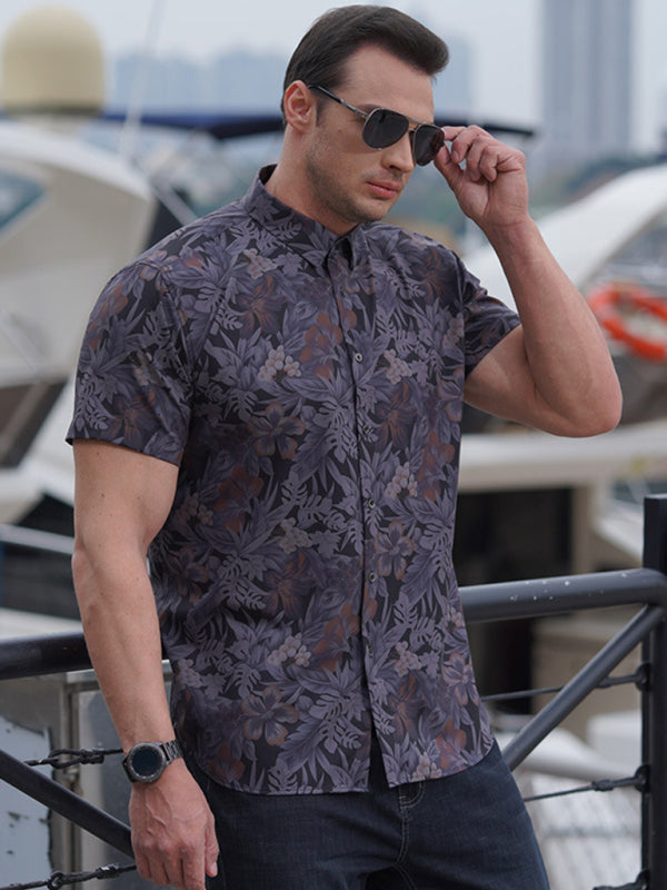Large size men's stretch leaf flower short-sleeved shirt