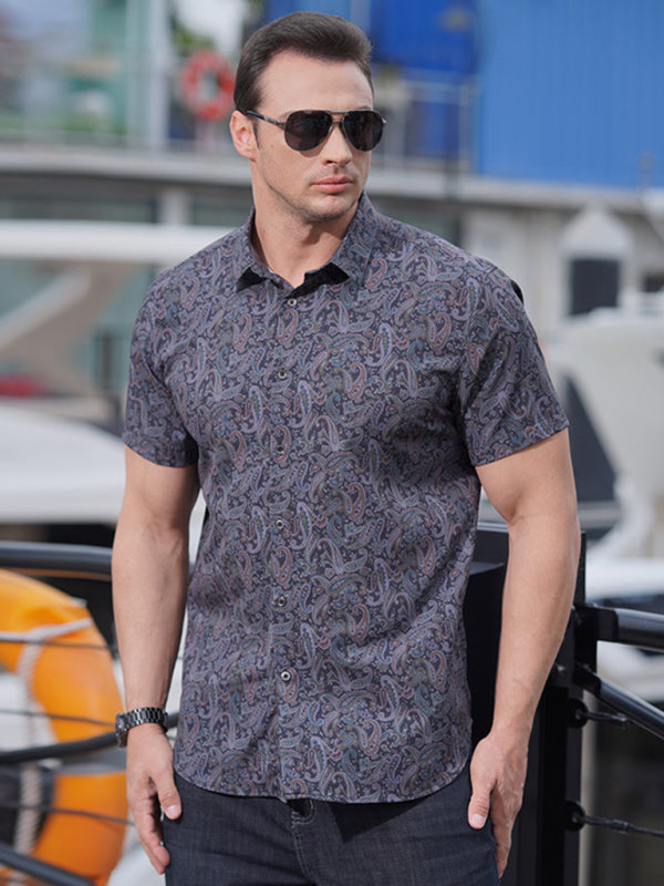 Large size men's stretch leaf flower short-sleeved shirt