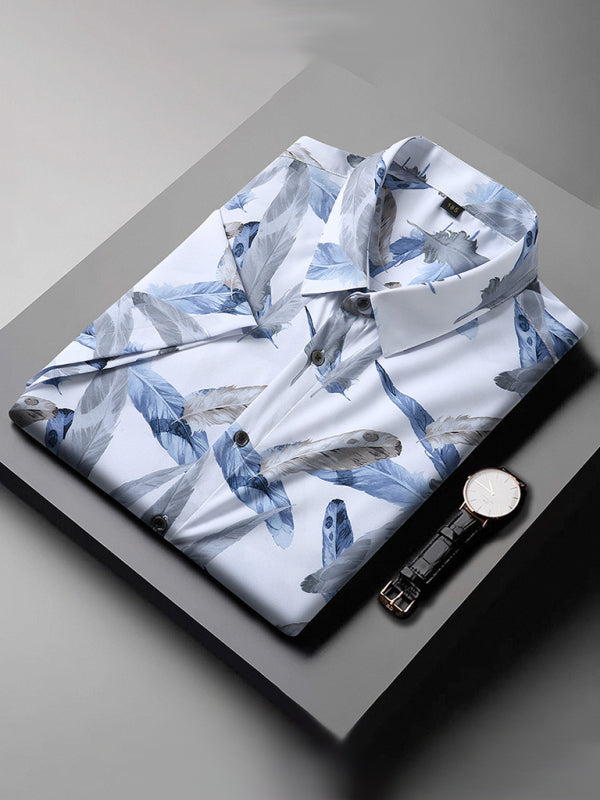 Large size men's stretch leaf flower short-sleeved shirt