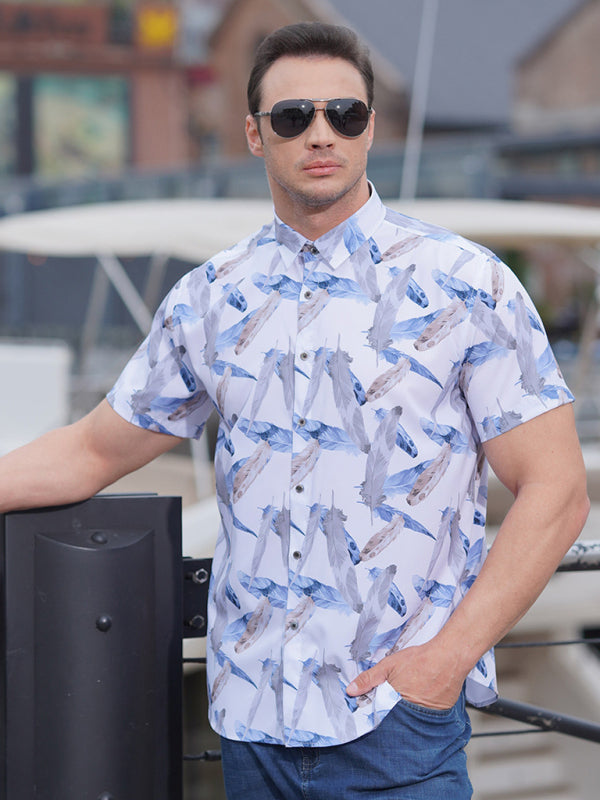 Large size men's stretch leaf flower short-sleeved shirt