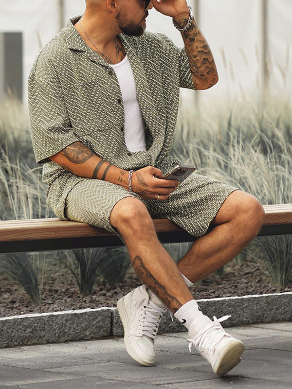 Men's casual short -sleeved shirt & shorts printed set