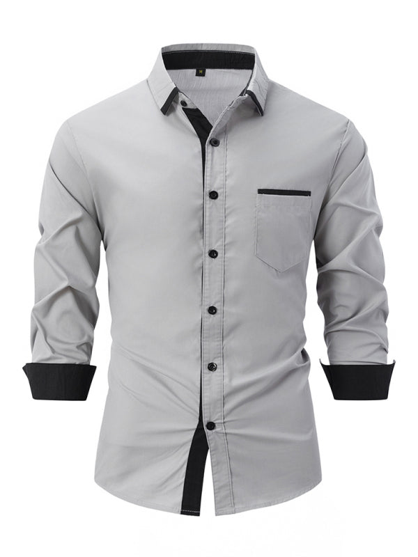 Men's Color Block Business Slim Casual Long Sleeve Shirt