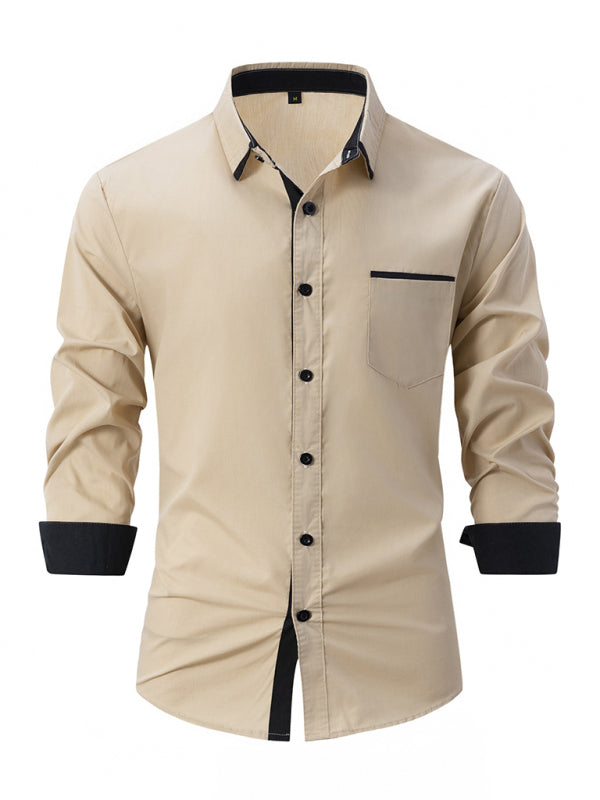 Men's Color Block Business Slim Casual Long Sleeve Shirt