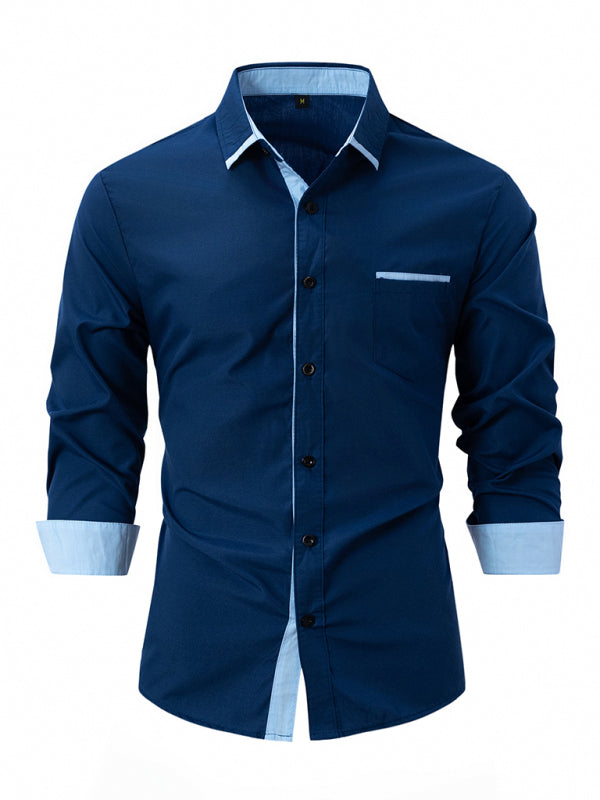 Men's Color Block Business Slim Casual Long Sleeve Shirt