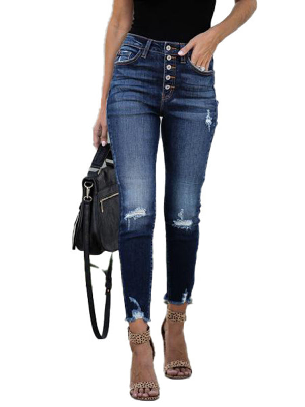 High Waist Retro Breasted Fringed Small Feet Elastic Ripped Women Jeans