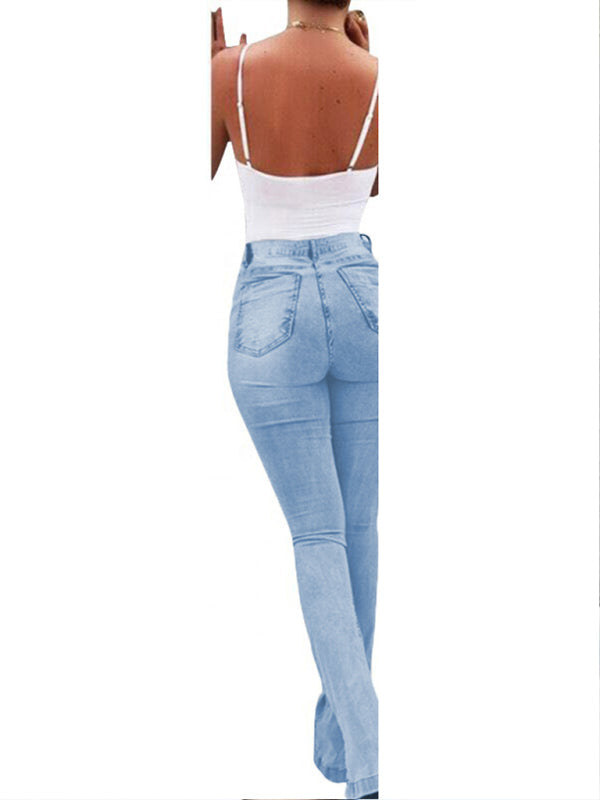 Elastic slit flared high waist women jeans