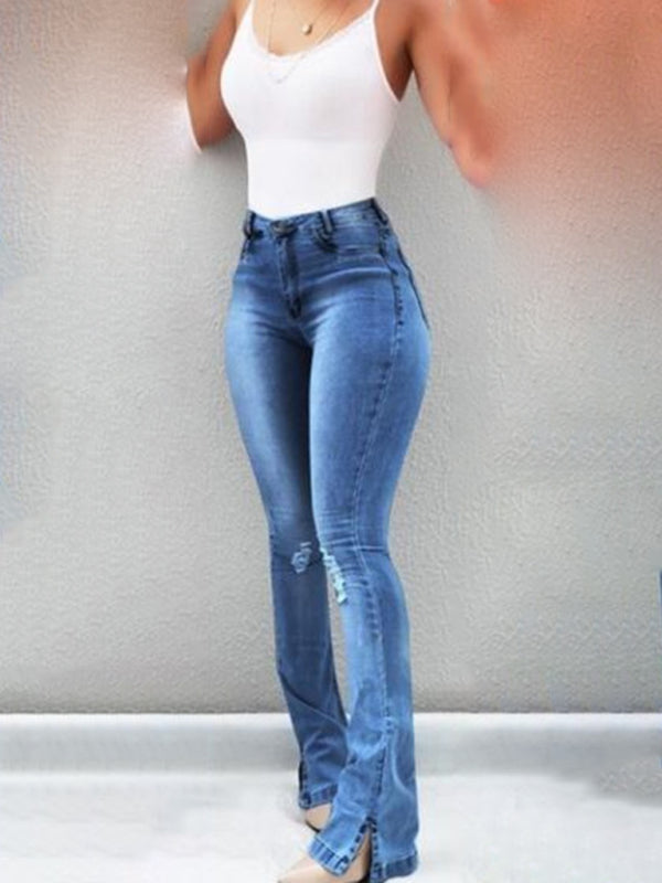 Elastic slit flared high waist women jeans