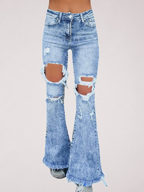 Women's ripped tassel flared jeans