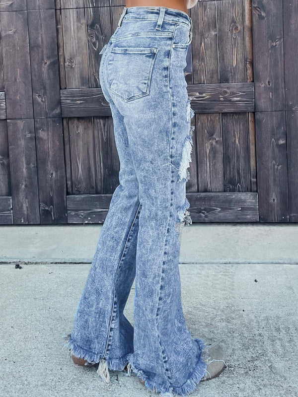 Women's ripped tassel flared jeans