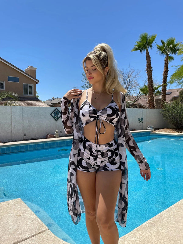 Split three-piece high waist long-sleeved ins blouse drawstring swimwear