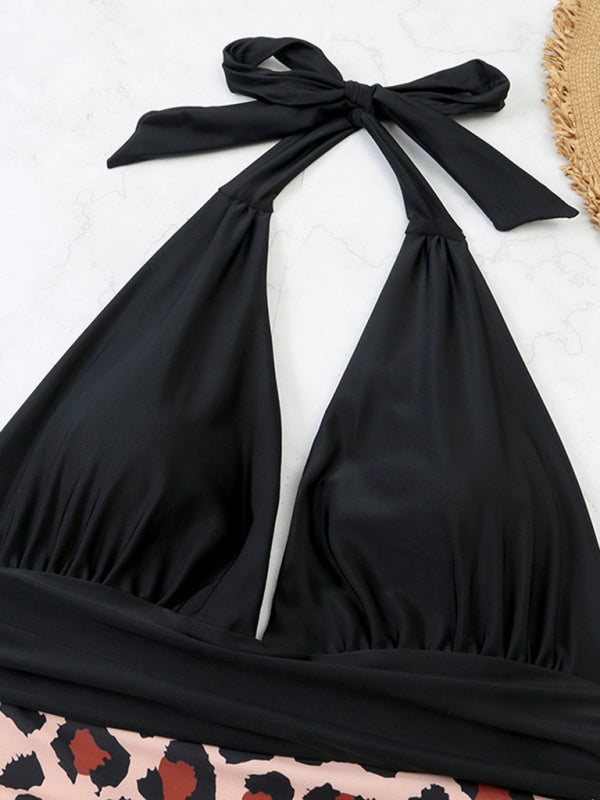 Women's one-piece halter sexy color-block belly-covering bikini swimsuit
