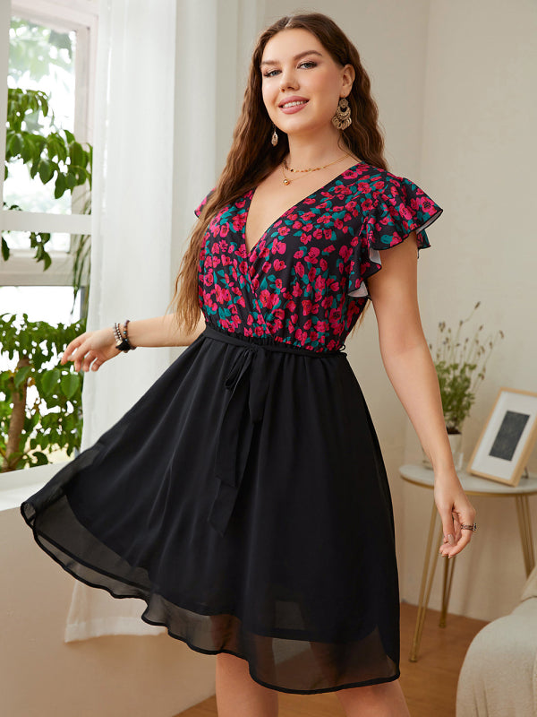 Plus Size Women's Daily Casual Print V Neck Loose Dress