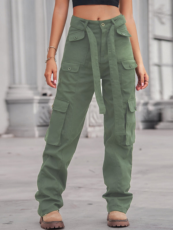 Washed denim multi-pocket heavy casual trousers