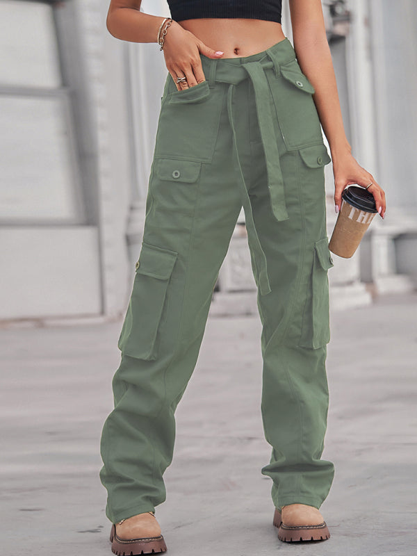 Washed denim multi-pocket heavy casual trousers