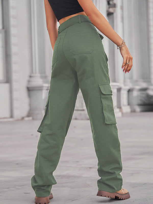 Washed denim multi-pocket heavy casual trousers