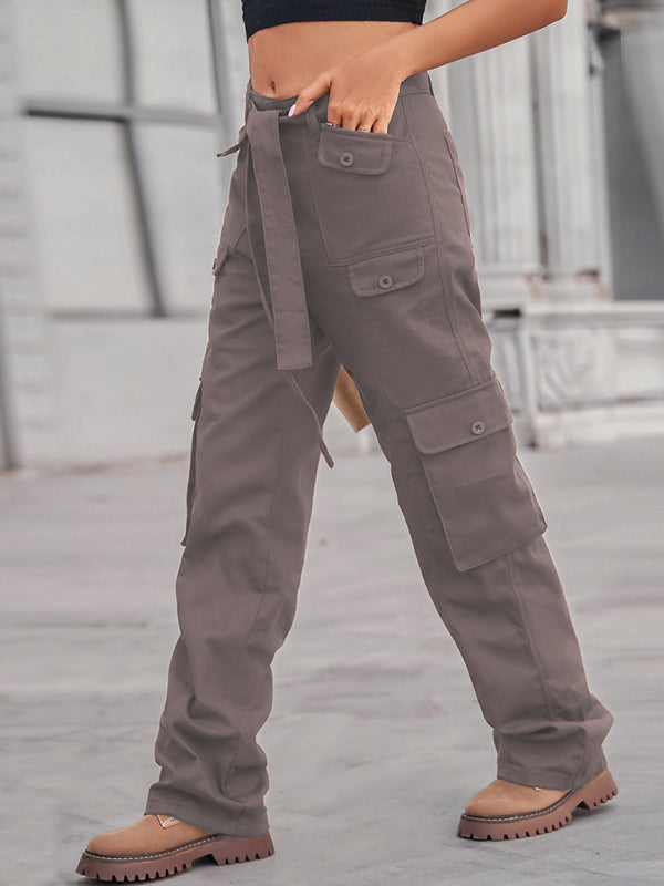 Washed denim multi-pocket heavy casual trousers