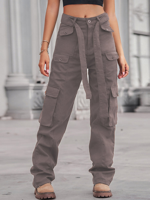 Washed denim multi-pocket heavy casual trousers