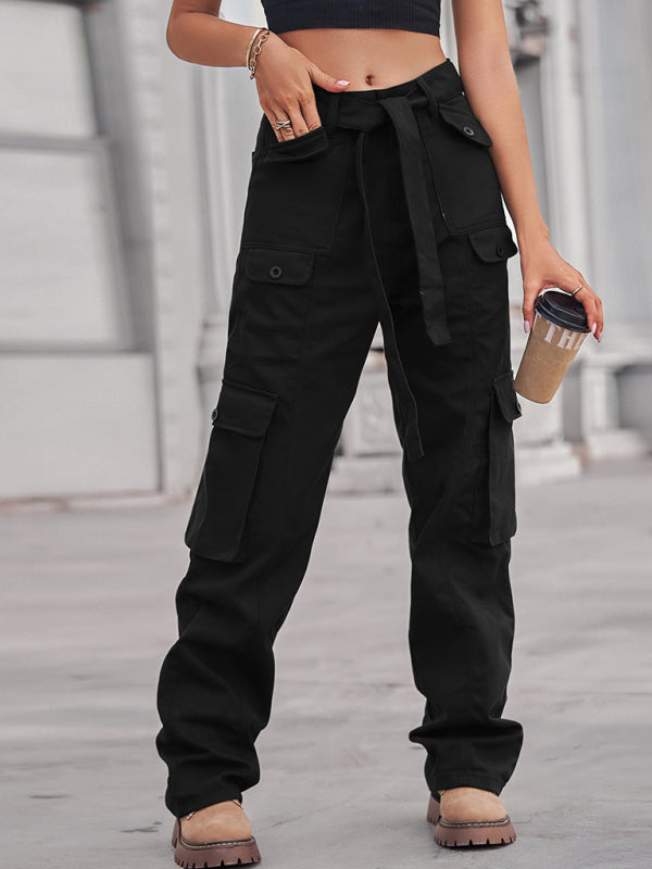 Washed denim multi-pocket heavy casual trousers