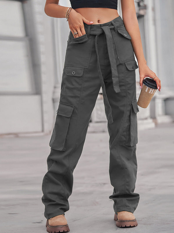 Washed denim multi-pocket heavy casual trousers