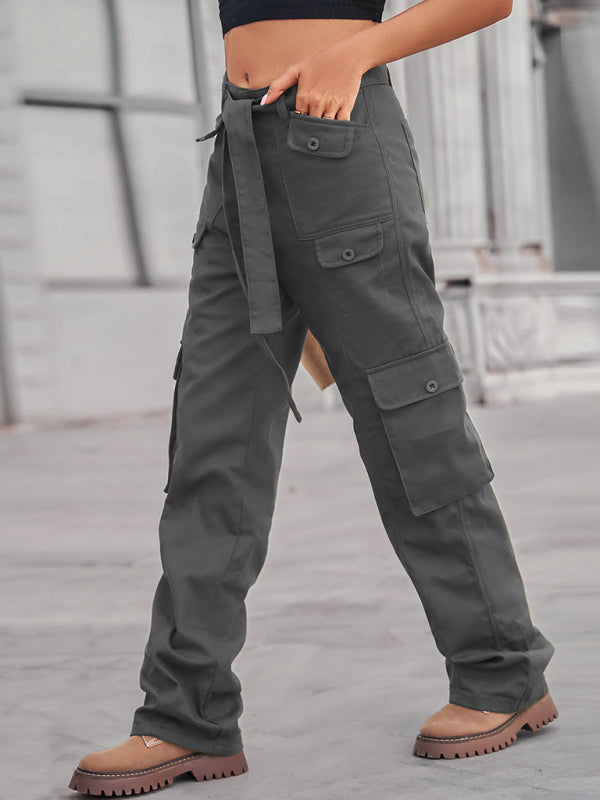 Washed denim multi-pocket heavy casual trousers
