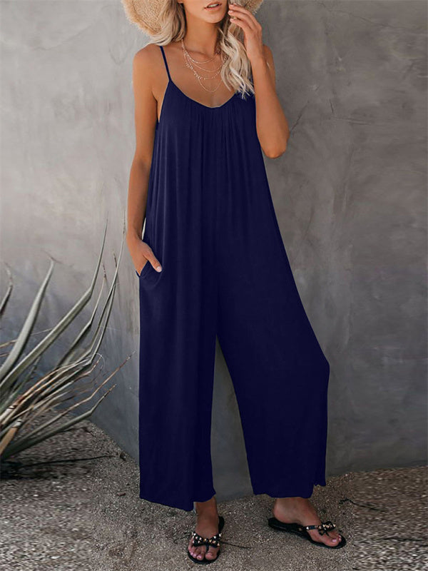 Solid color side pocket loose casual suspender jumpsuit