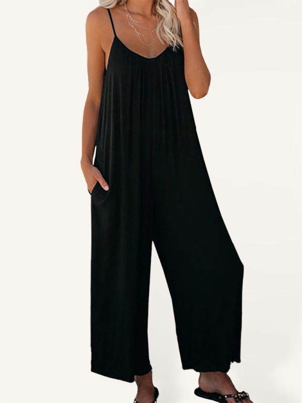 Solid color side pocket loose casual suspender jumpsuit