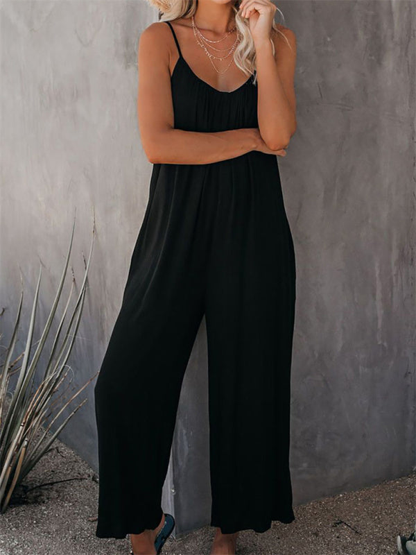 Solid color side pocket loose casual suspender jumpsuit