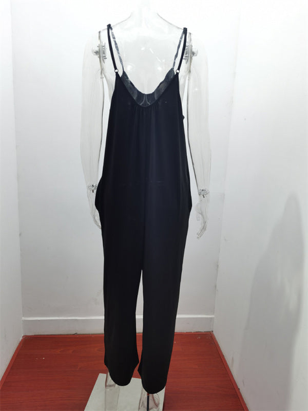 Solid color side pocket loose casual suspender jumpsuit