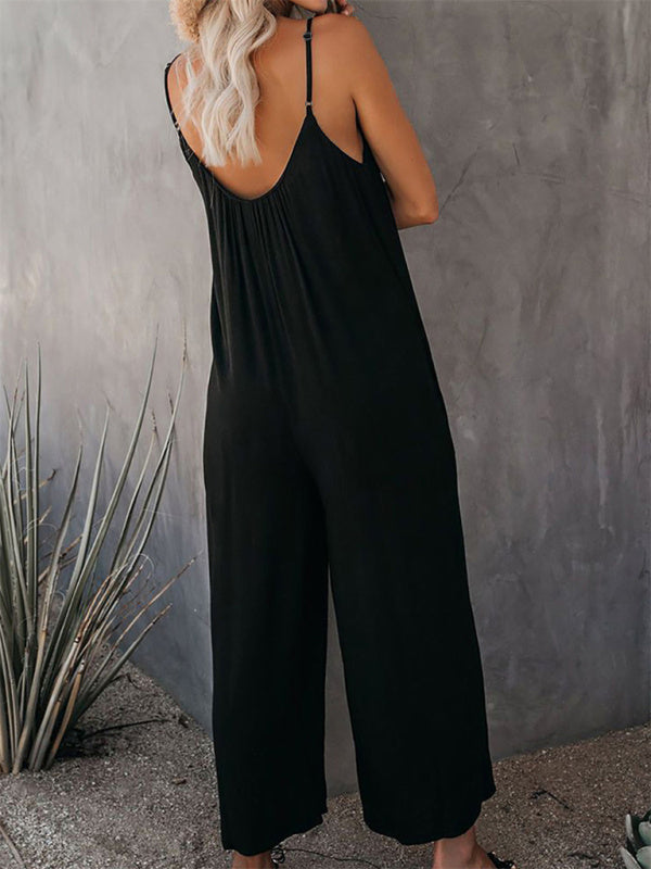 Solid color side pocket loose casual suspender jumpsuit